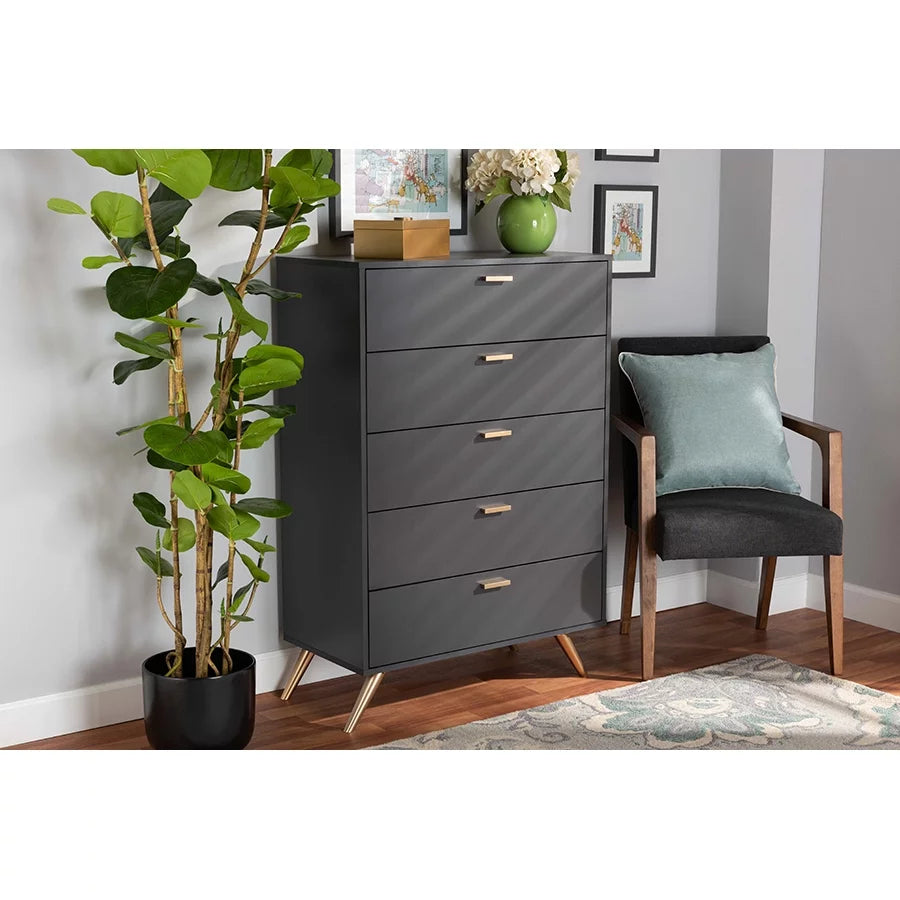 Dark Grey and Gold Finished Wood 5-Drawer Chest D86988