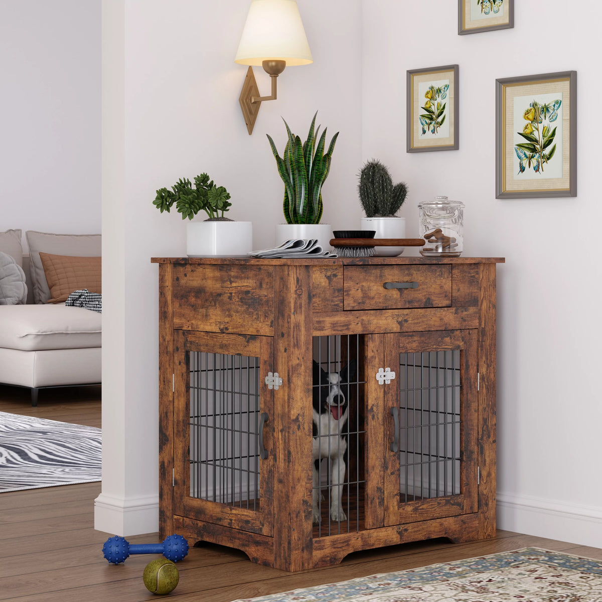 30" Wooden Dog Crate End Table with 2 Doors and Drawer J591503