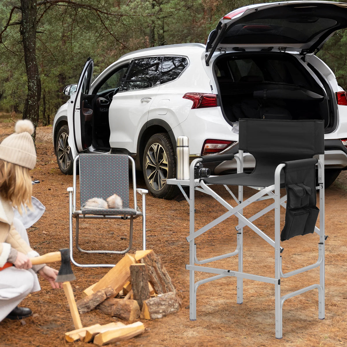 Folding Camping Director Chair with Side Table & Storage Pocket, Black T638
