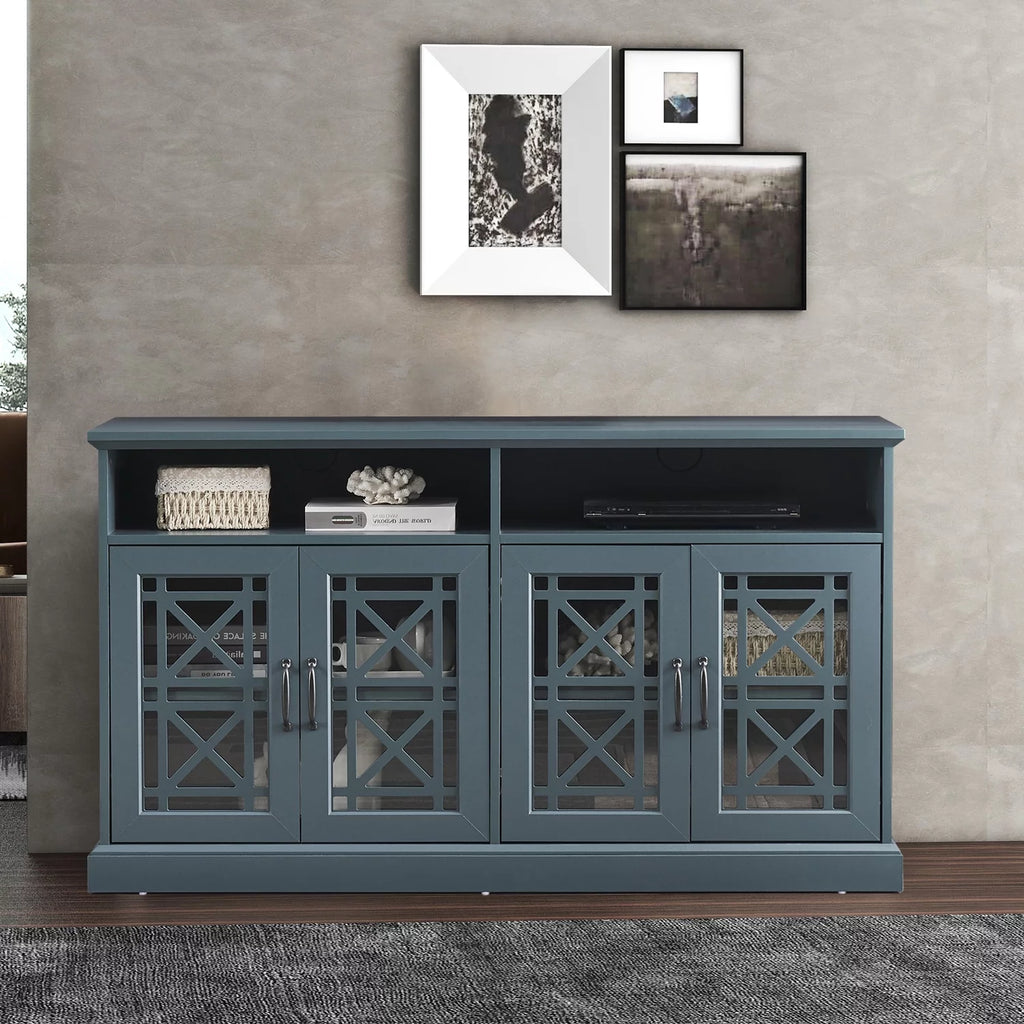 Teal MDF TV Stand with Glass Doors and Adjustable Shelves Z887