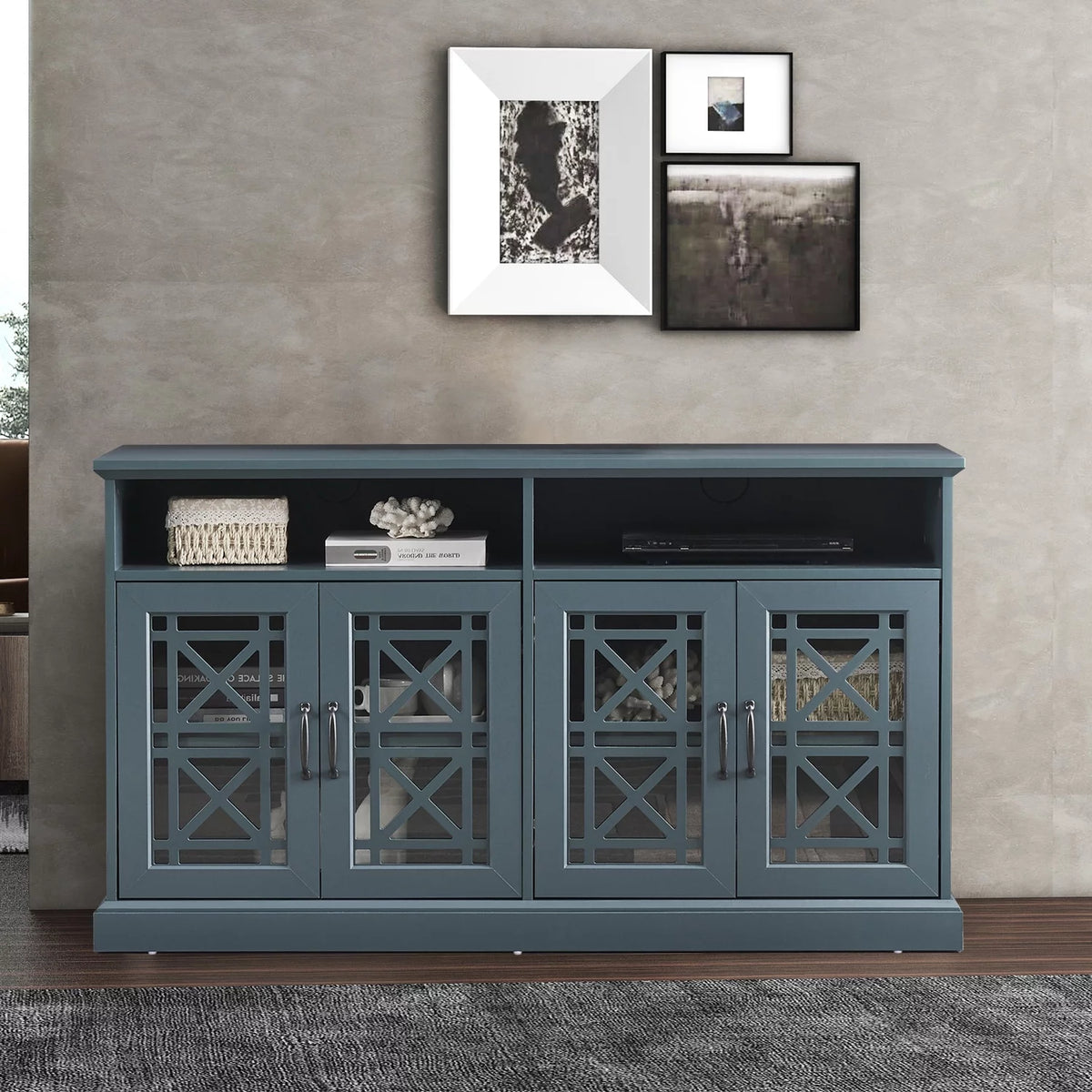 Teal MDF TV Stand with Glass Doors and Adjustable Shelves Z887