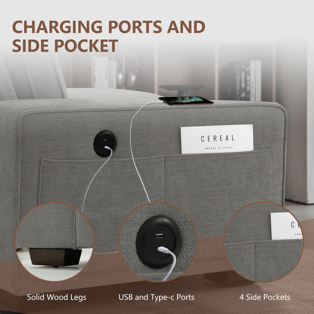 Convertible Sectional Sofa L Shaped Couch with USB and Type-C Charging Ports B343