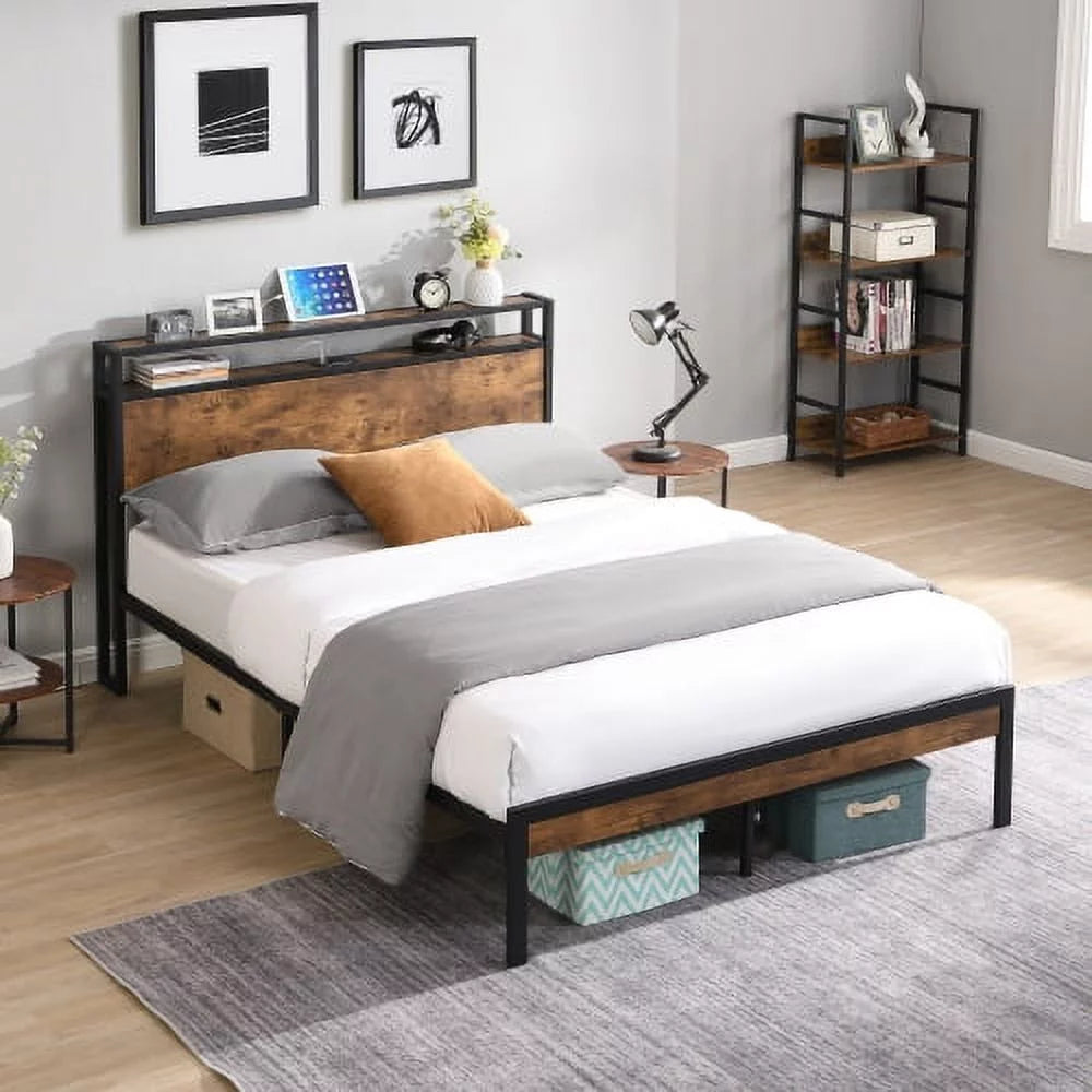 King Size Metal Platform Bed Frame with Wooden Headboard and Footboard I303