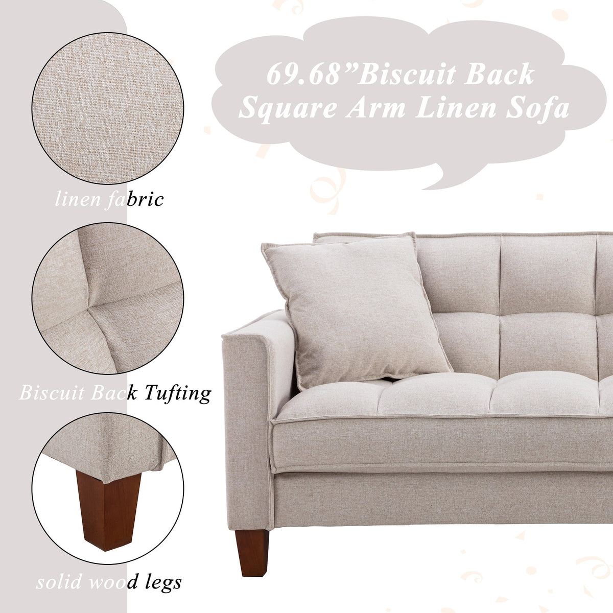 Mid-Century Linen Love Seat Sofa with 2 Pillows and Solid Wood Legs D2018