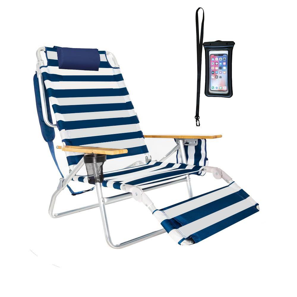 5 Position Lay Flat High Aluminum Beach Chair with Foot Rest Navy Blue/White L1331
