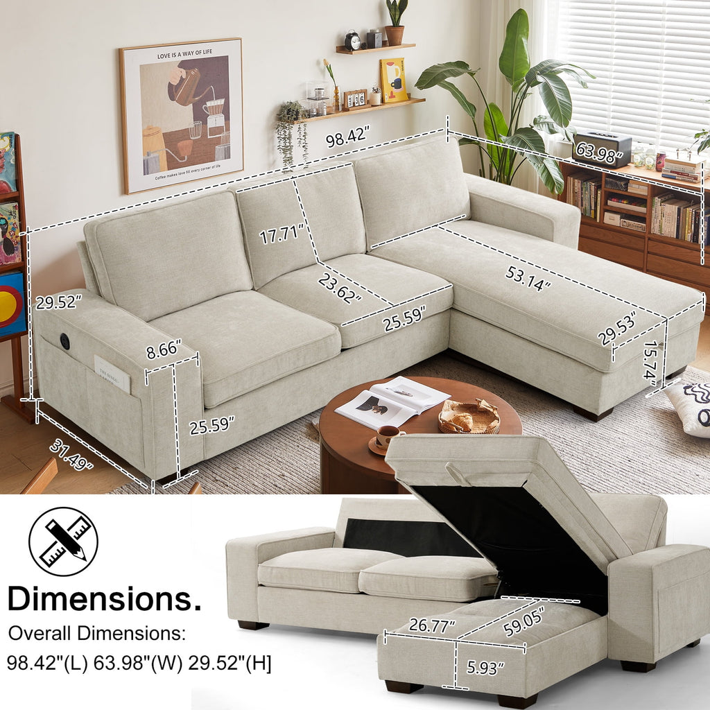 Convertible Sectional Sofa L Shaped Couch with USB and Type-C Charging Ports B343
