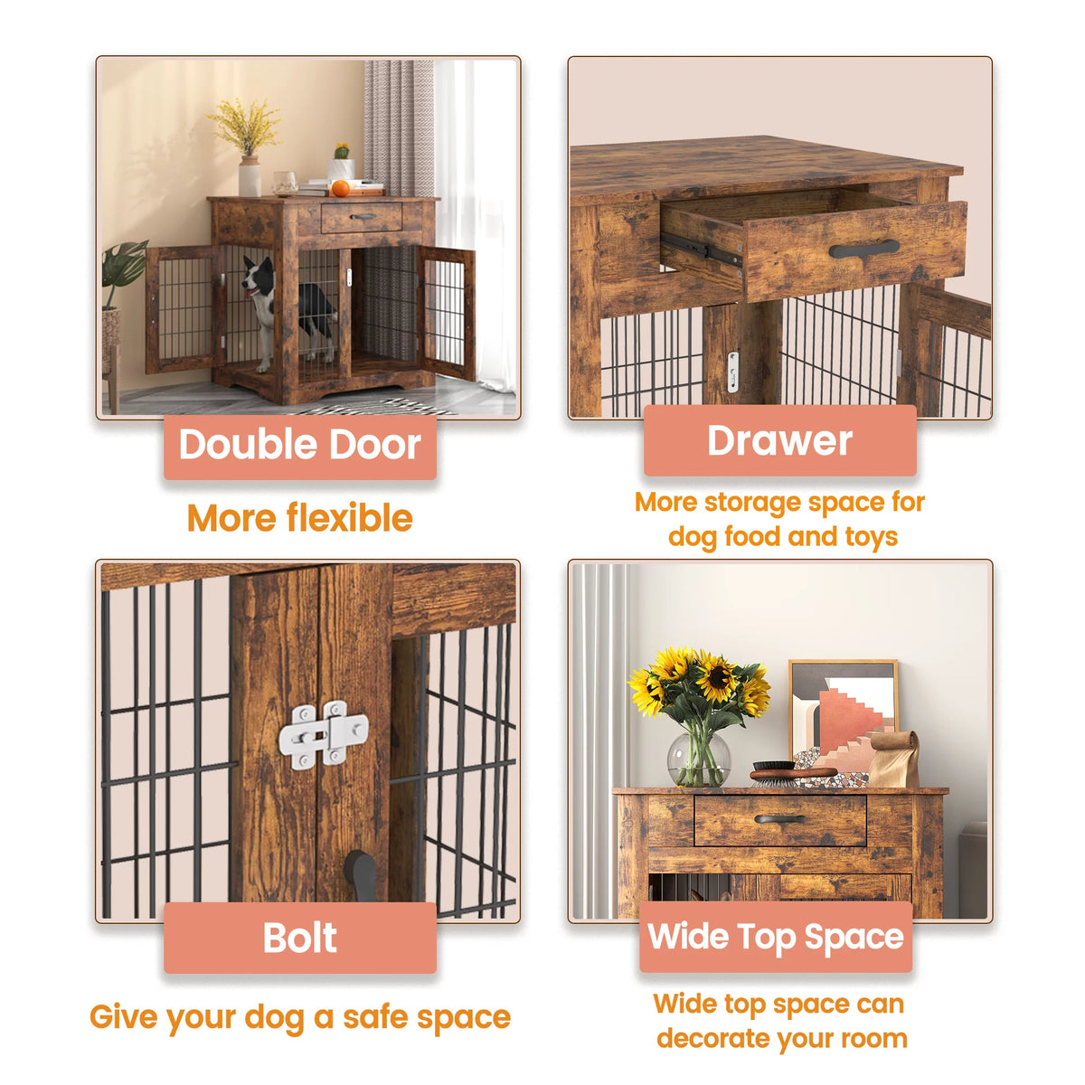 30" Wooden Dog Crate End Table with 2 Doors and Drawer J591503