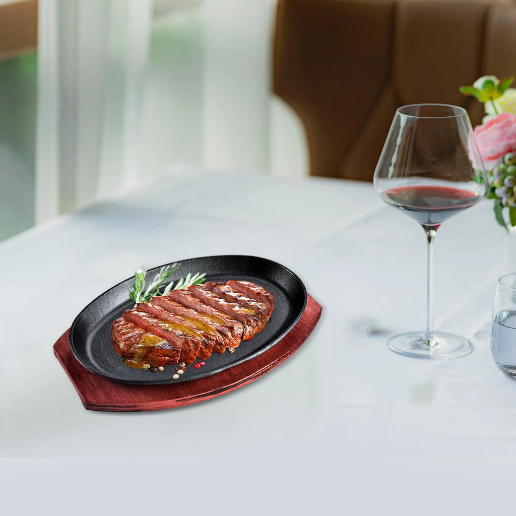 Oval Nonstick Sizzling Steak Plate with Bamboo Tray L3735