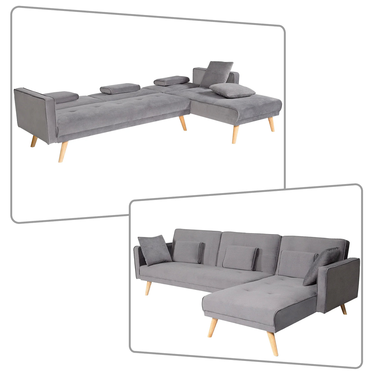 Gray Velvet Upholstered L-Shaped Sectional Sofa Bed U708