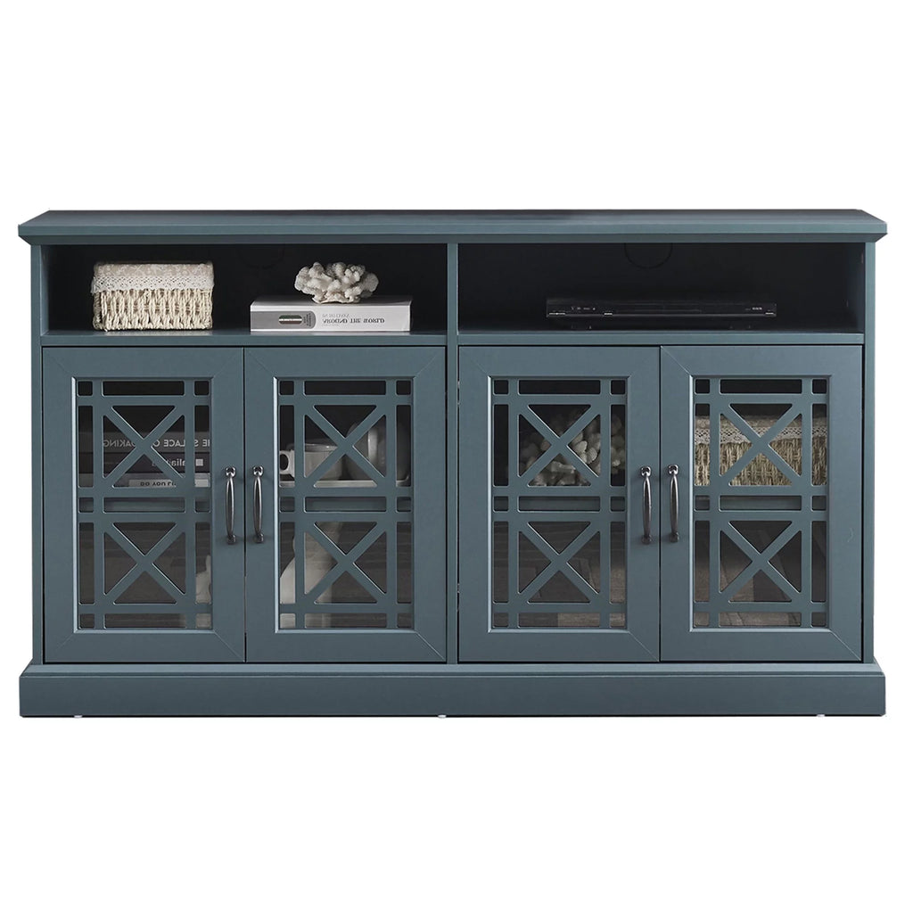 Teal MDF TV Stand with Glass Doors and Adjustable Shelves Z887