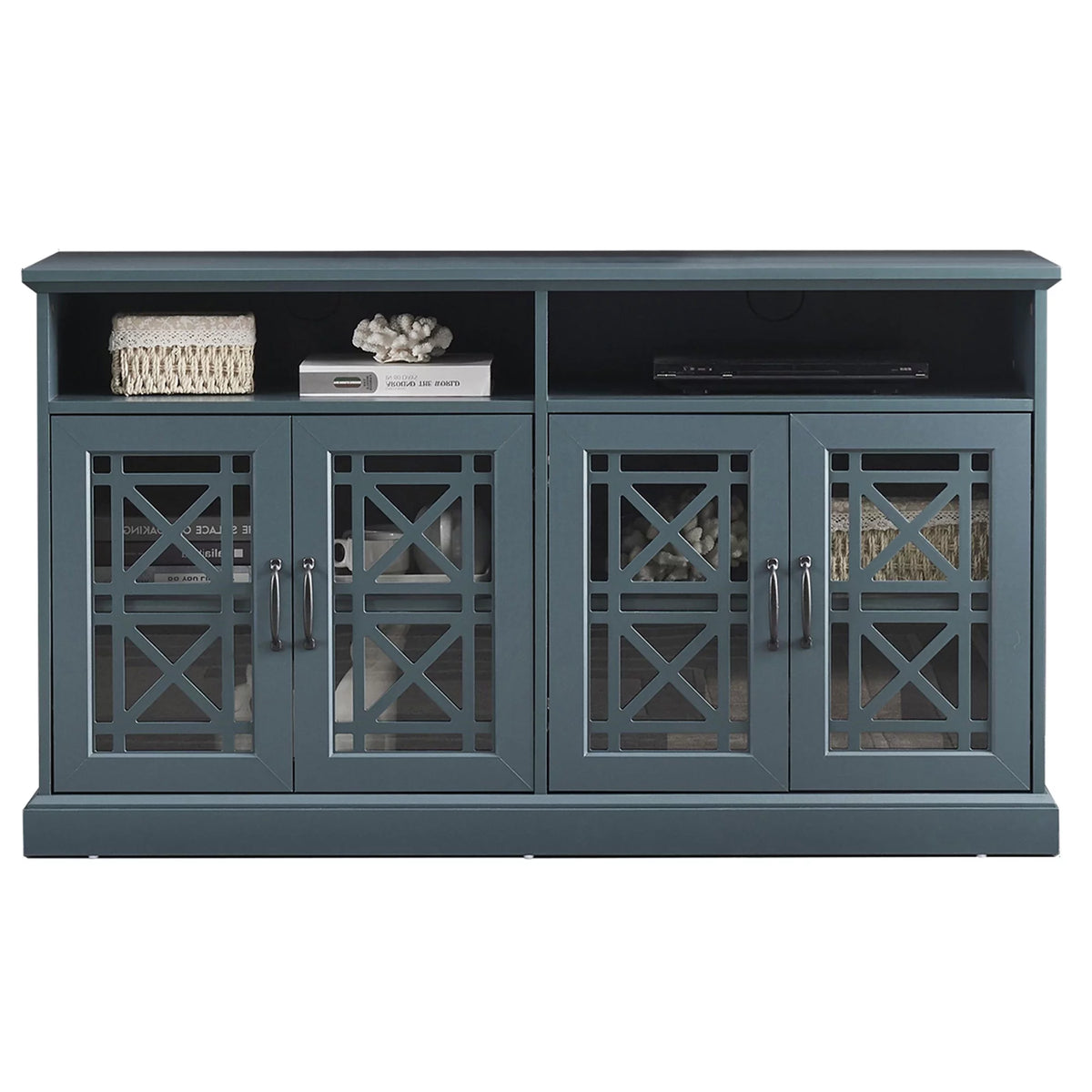 Teal MDF TV Stand with Glass Doors and Adjustable Shelves Z887