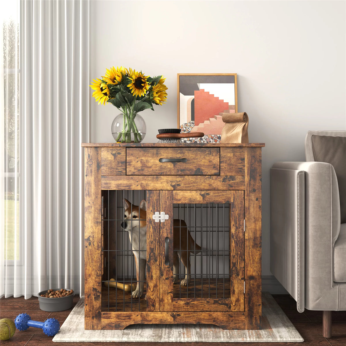 30" Wooden Dog Crate End Table with 2 Doors and Drawer J591503