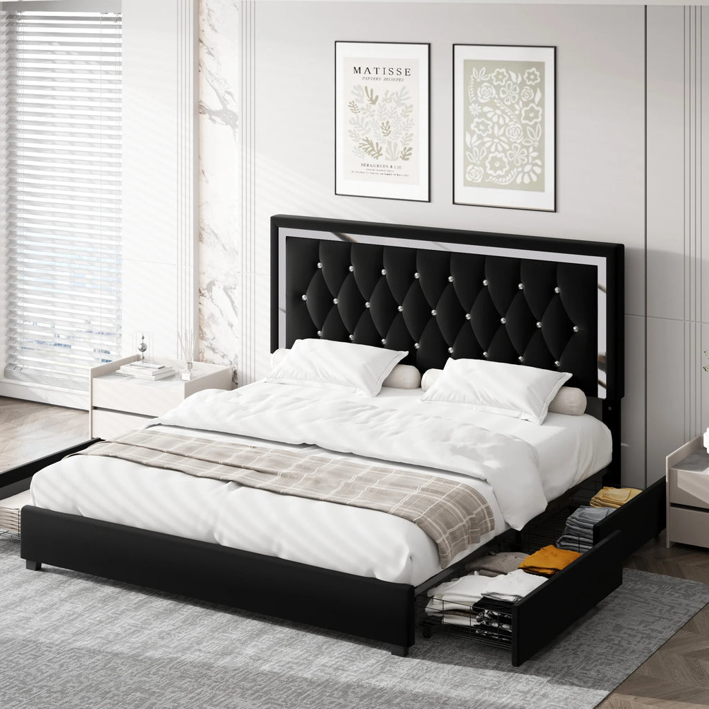 King Size Storage Bed with 4 Drawers, Black Upholstered Platform Bed Frame with Adjustable Headboard P55346