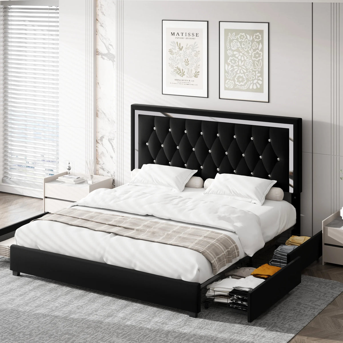 King Size Storage Bed with 4 Drawers, Black Upholstered Platform Bed Frame with Adjustable Headboard P55346