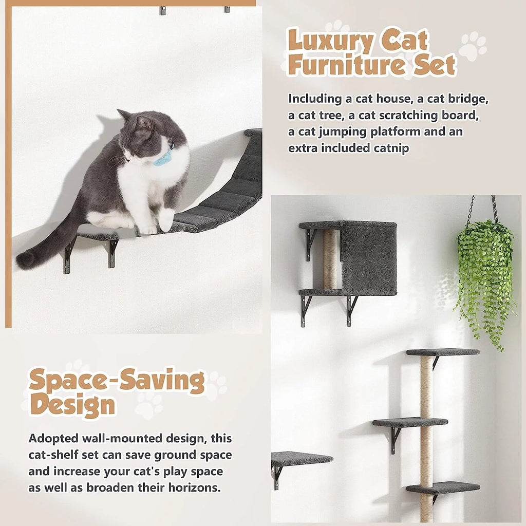 5 Pcs Wall-Mounted Wood Cat Climber Set W64193