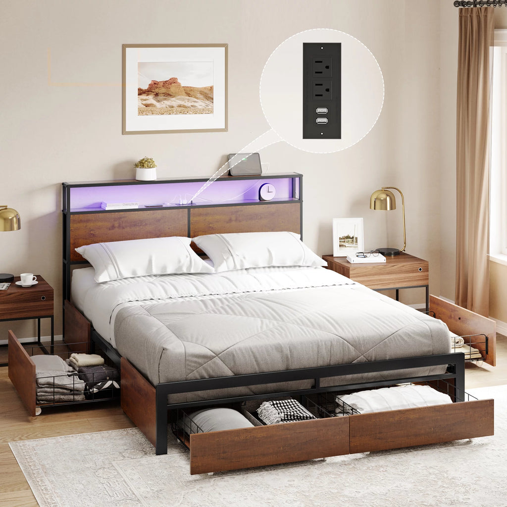 Queen Size Bed Frame with Headboard and 4 Storage Drawers G97548
