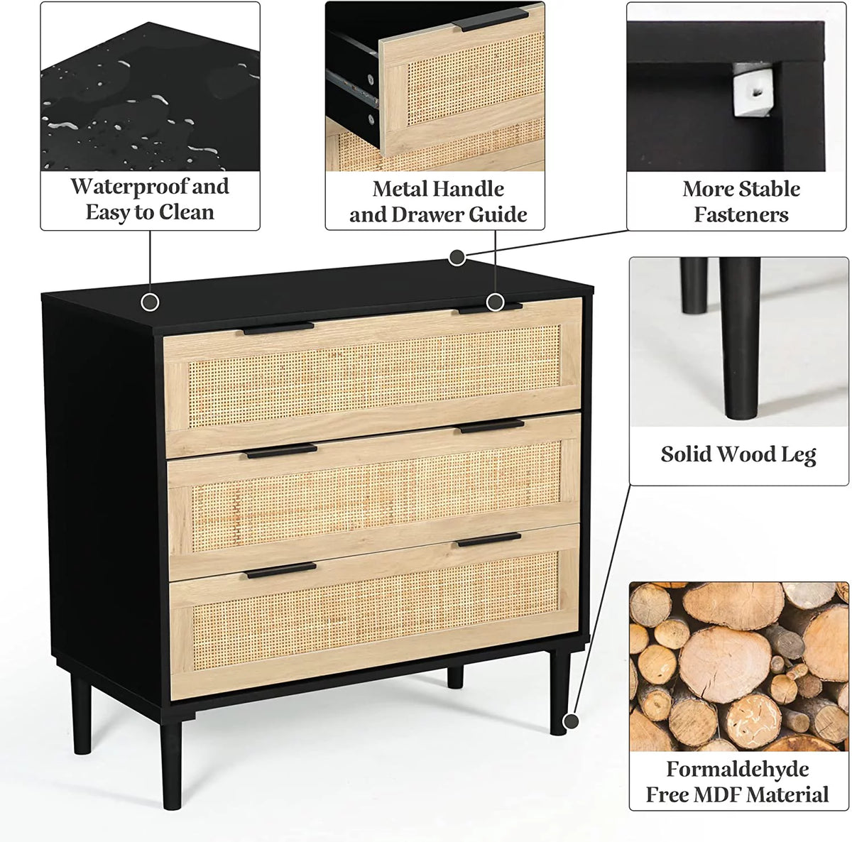 Black 3 Drawer Wood Rattan Dresser U493201