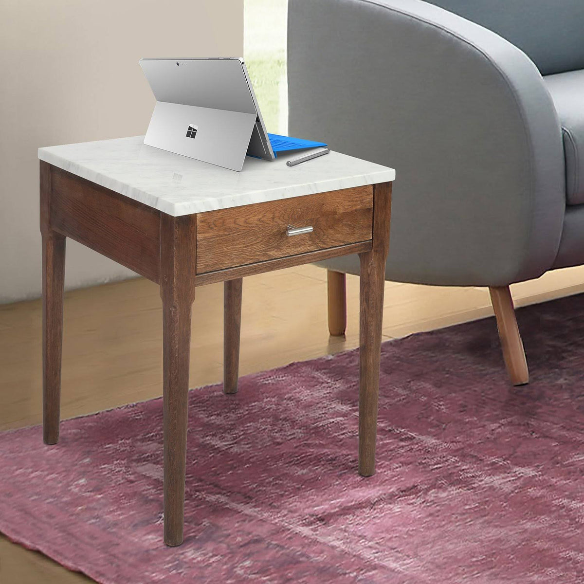 18x22 White Marble Side Table with Walnut Leg E739755
