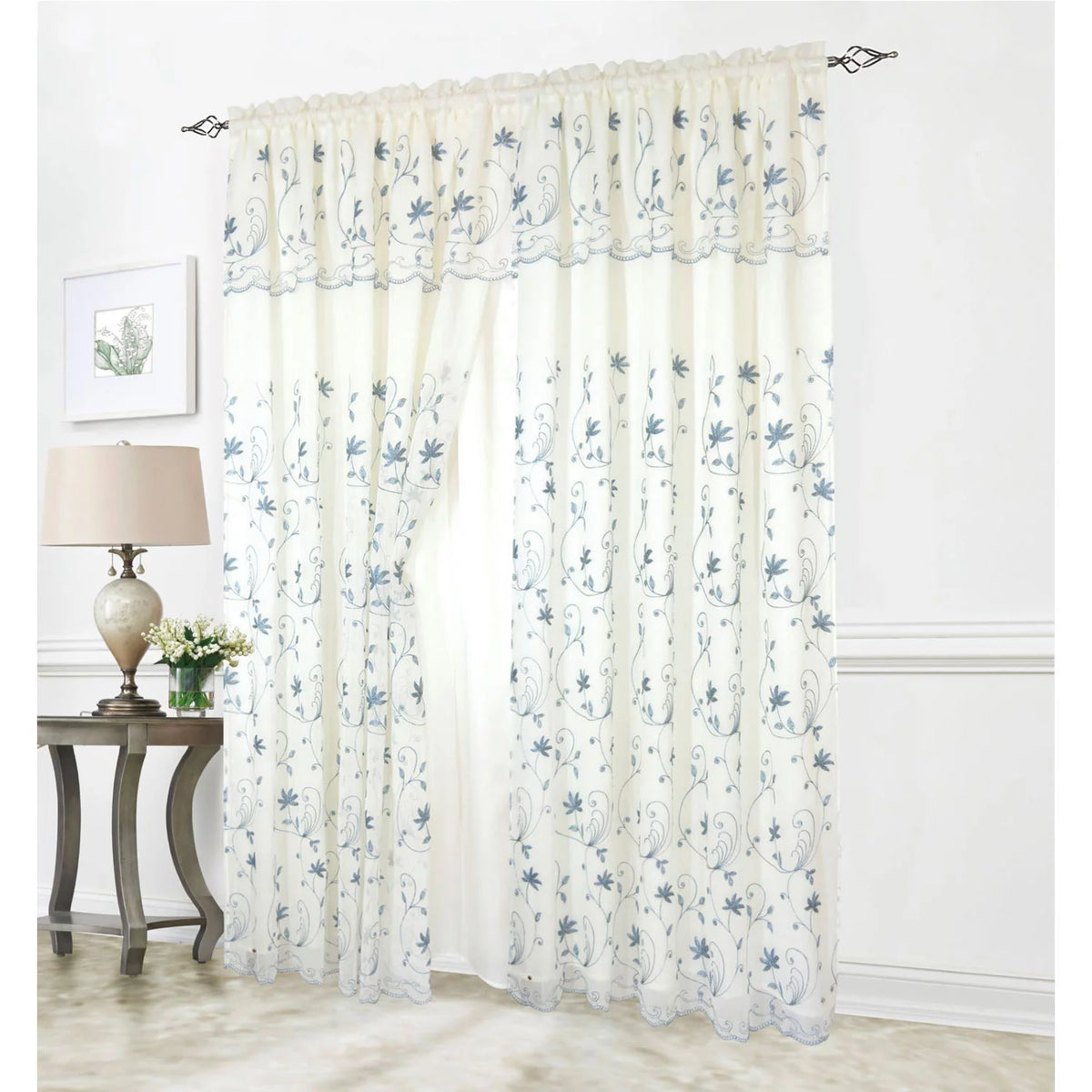 Floral Embroidered Rod Pocket Window Panel with Valance, Beige/Blue, 54x90 Inches A48539