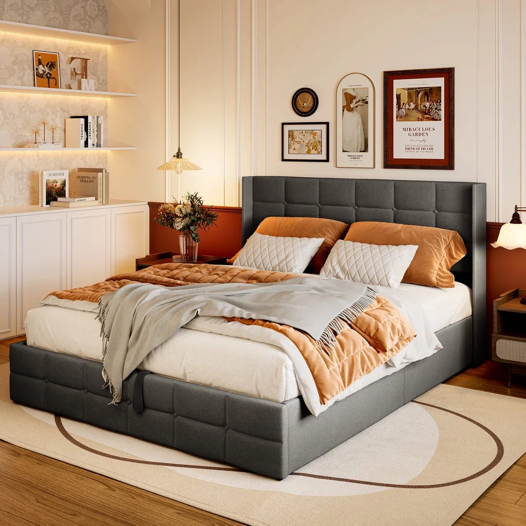 Queen Size Lift Up Storage Bed with Wingback Headboard Q664838