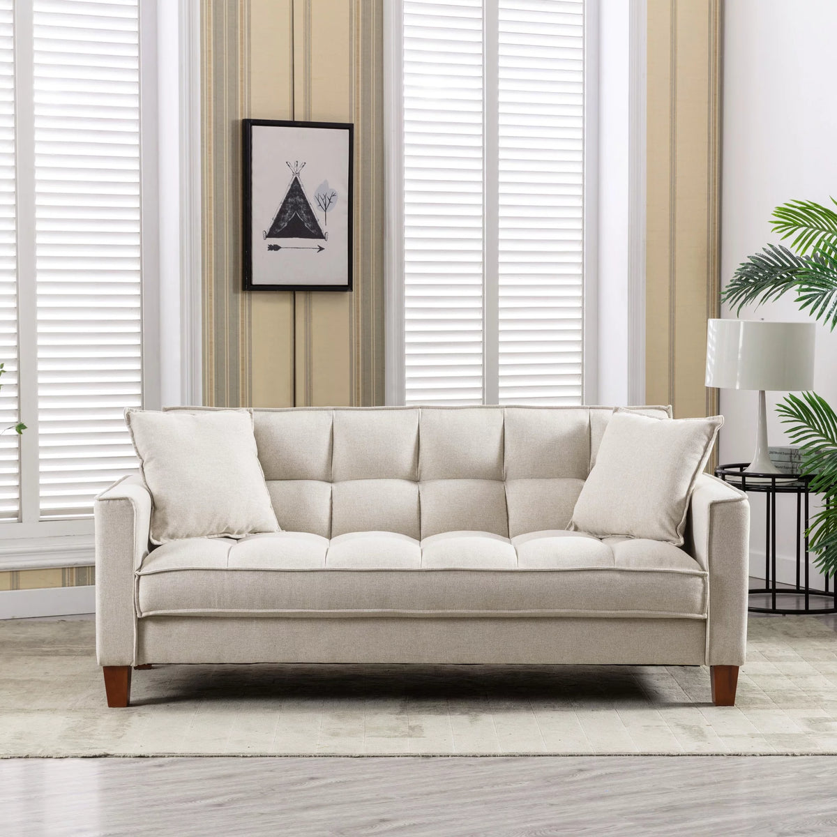 Mid-Century Linen Love Seat Sofa with 2 Pillows and Solid Wood Legs D2018