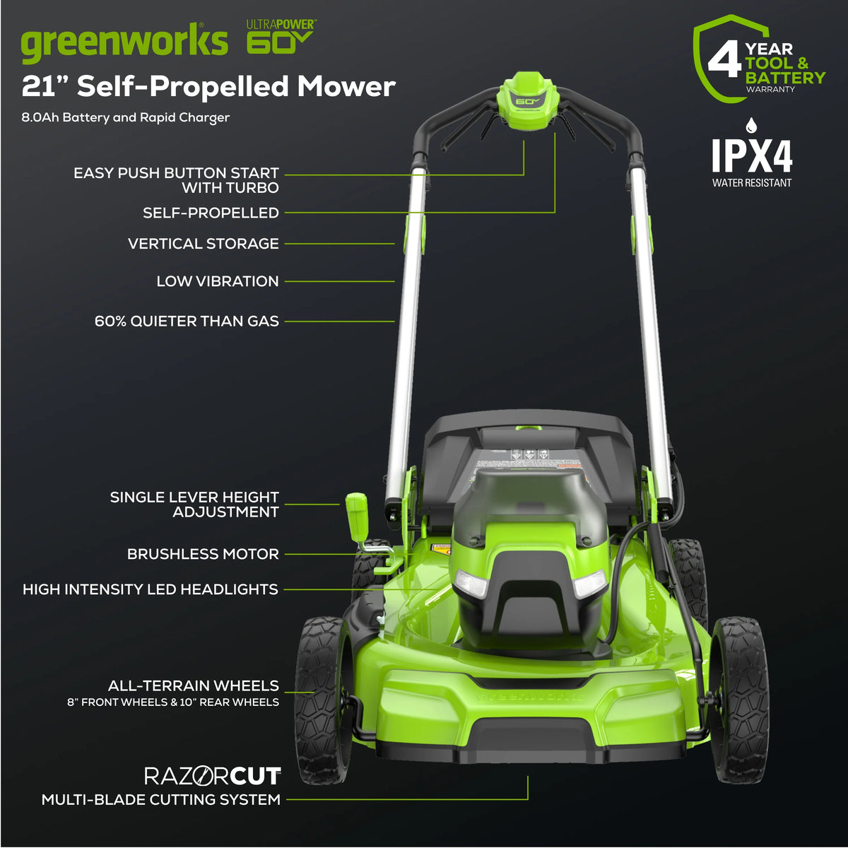 60V 21 Self Propelled Lawn Mower with 8.0 Ah Battery & Charger W7713