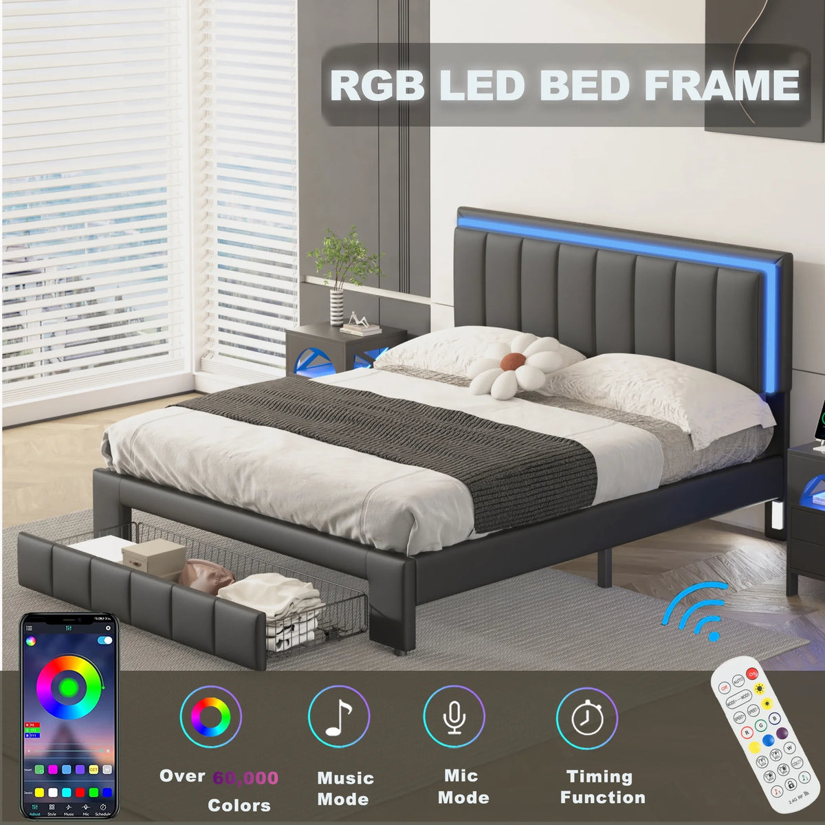 Queen Size Upholstered Platform Bed with Drawers and LED Lights J71865