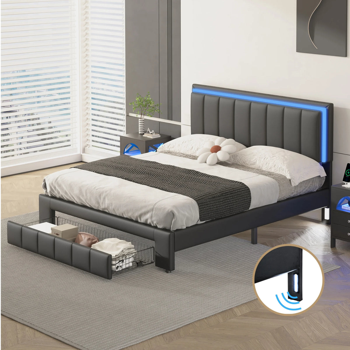 Queen Size Upholstered Platform Bed with Drawers and LED Lights J71865