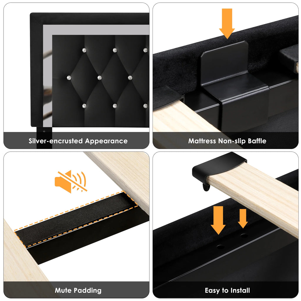 King Size Storage Bed with 4 Drawers, Black Upholstered Platform Bed Frame with Adjustable Headboard P55346