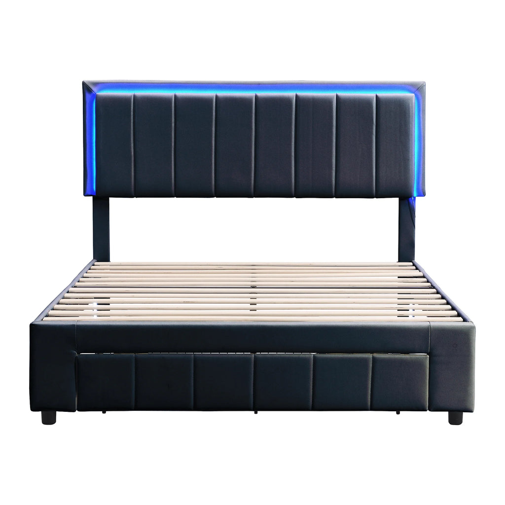 Queen Size Upholstered Platform Bed with Drawers and LED Lights J71865
