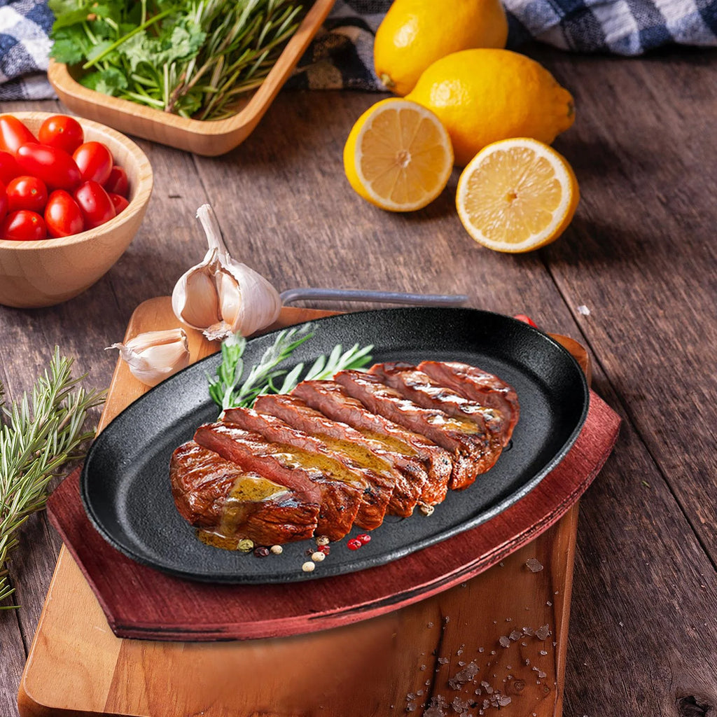 Oval Nonstick Sizzling Steak Plate with Bamboo Tray L3735