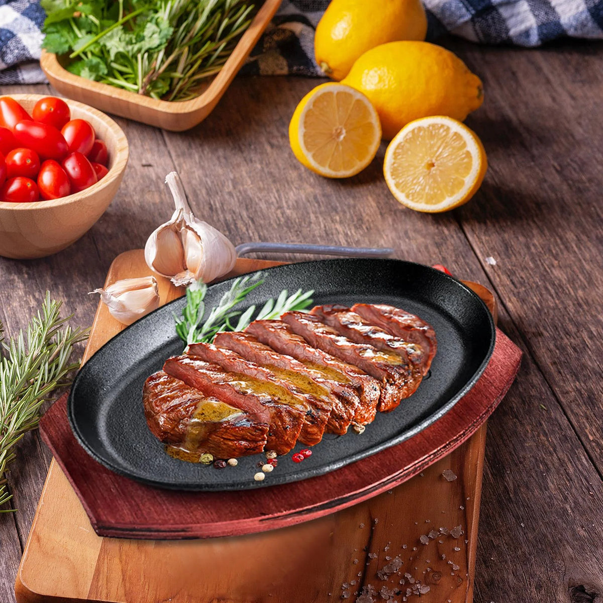 Oval Nonstick Sizzling Steak Plate with Bamboo Tray L3735