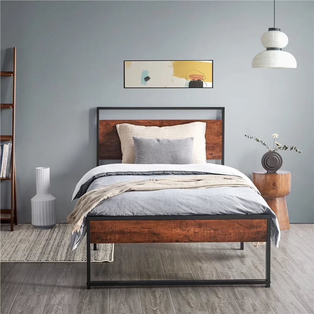 Rustic Platform Bed with Wooden Headboard and Footboard Twin Size Mahogany D437987