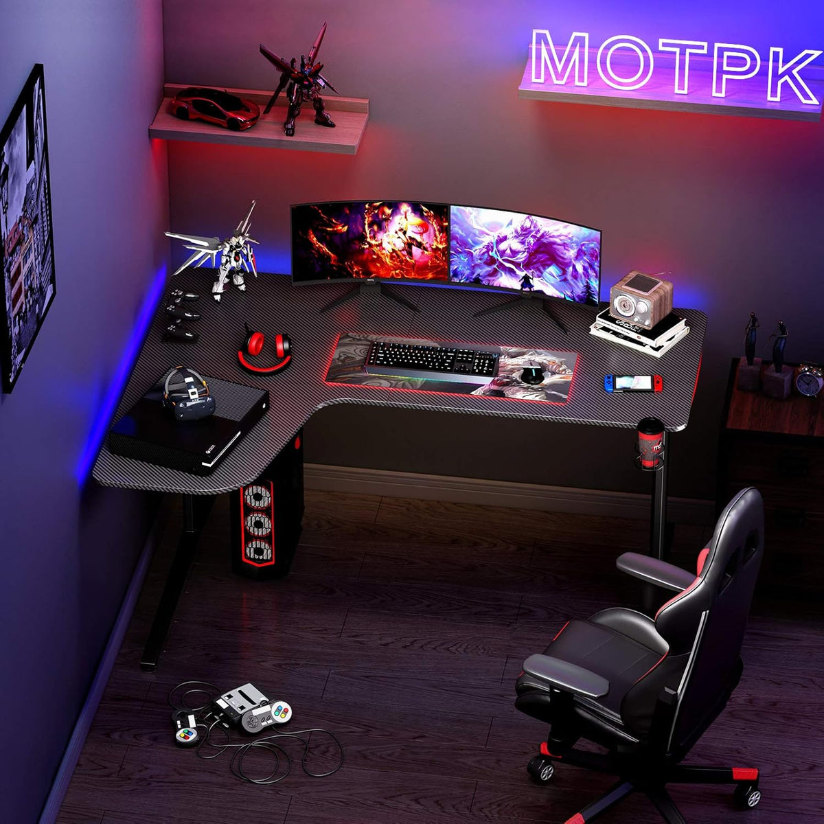 L Shaped Gaming Desk with Mouse Pad and Cup Holder J859006