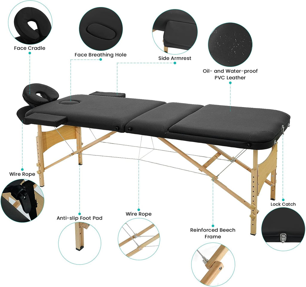Black 3 Fold Portable Massage Bed with Carrying Case G878