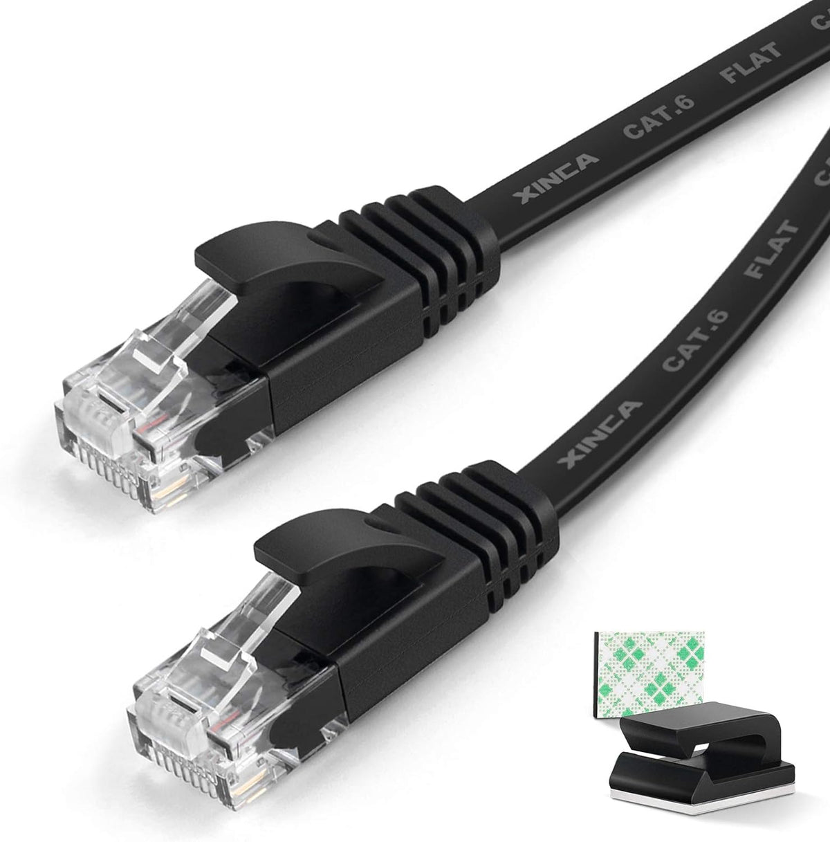 Cat6 Ethernet Cable 75 ft Black Flat Network LAN Cable with Cable Clips G379