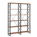 Brown Vintage Wood 6-Shelf Etagere Bookcase with Black Metal Frame U490205