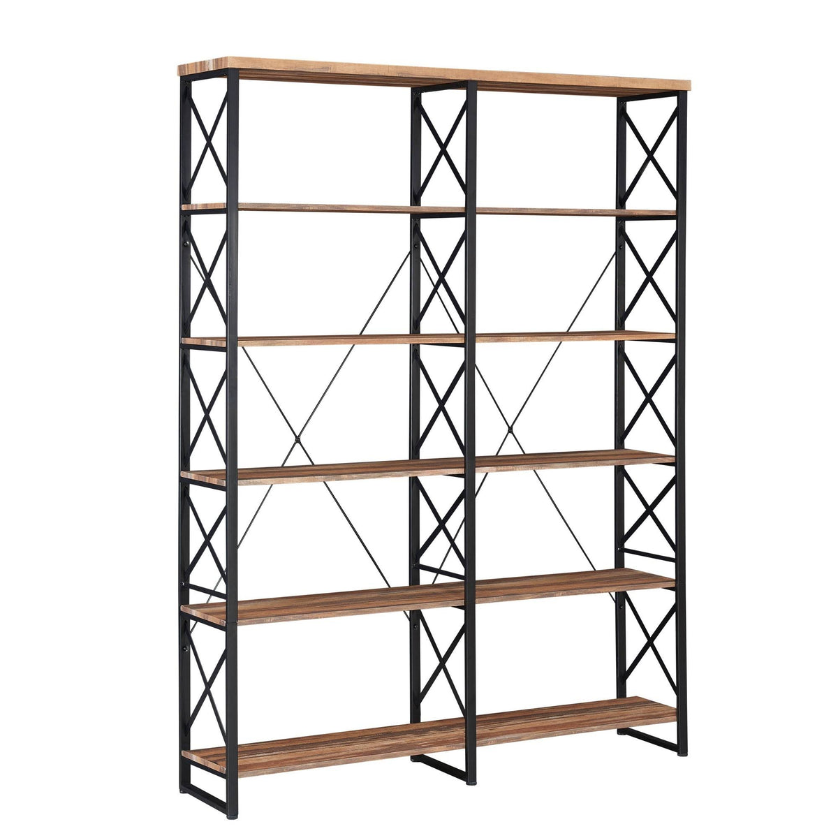 Brown Vintage Wood 6-Shelf Etagere Bookcase with Black Metal Frame U490205