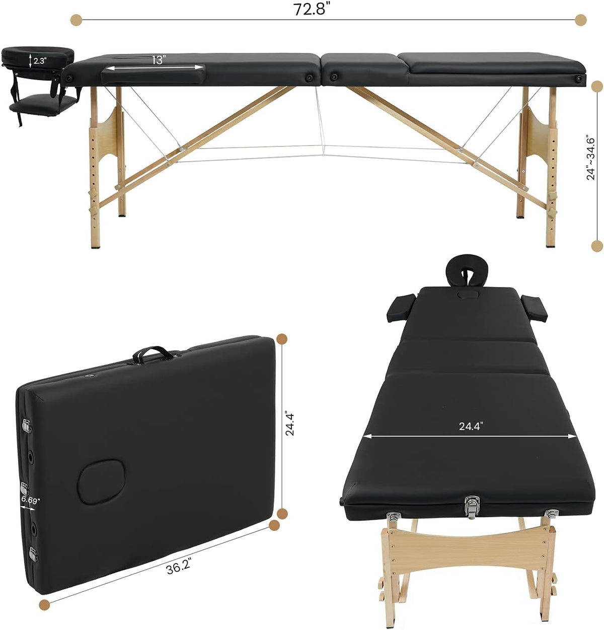 Black 3 Fold Portable Massage Bed with Carrying Case G878