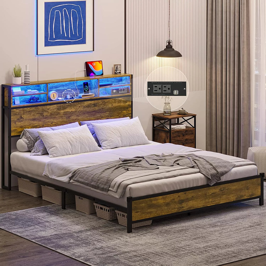 Rustic Brown Full Size Metal Platform Bed Frame with LED Headboard and USB Ports G239