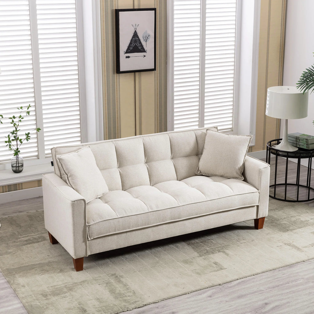 Mid-Century Linen Love Seat Sofa with 2 Pillows and Solid Wood Legs D2018