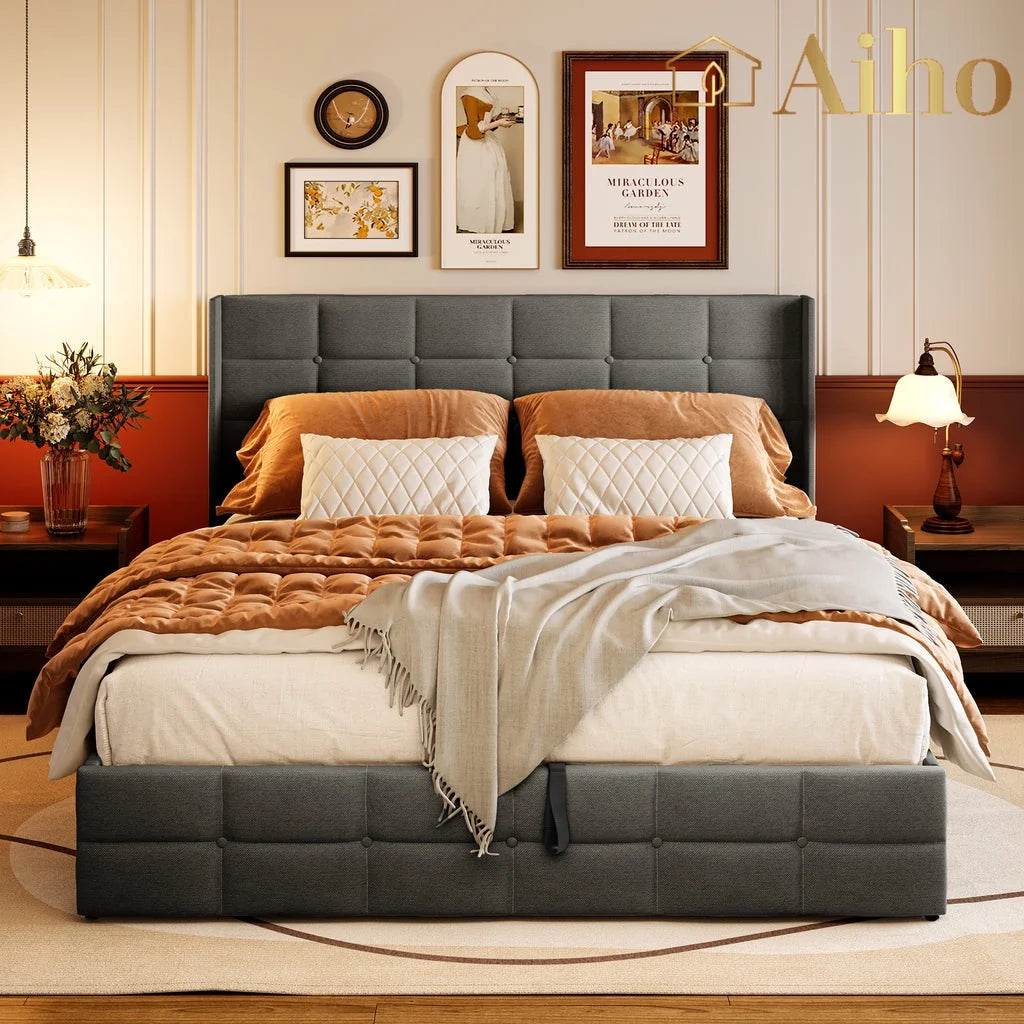 Queen Size Lift Up Storage Bed with Wingback Headboard Q664838
