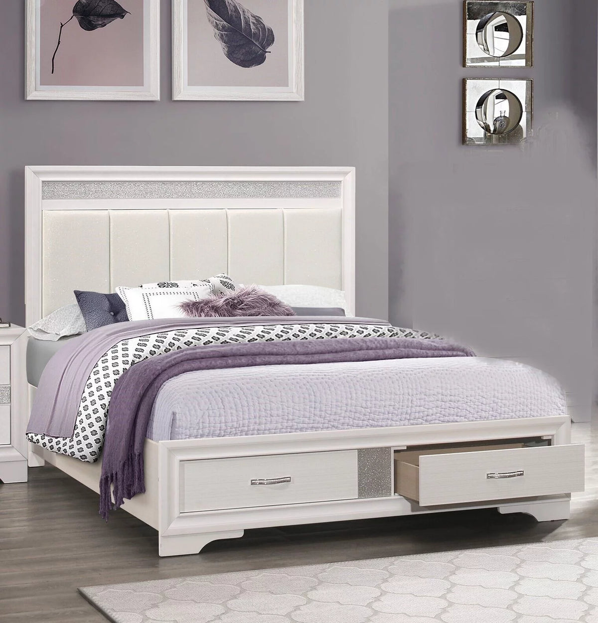White and Silver Glitter Queen Platform Bed with Storage Drawers P436