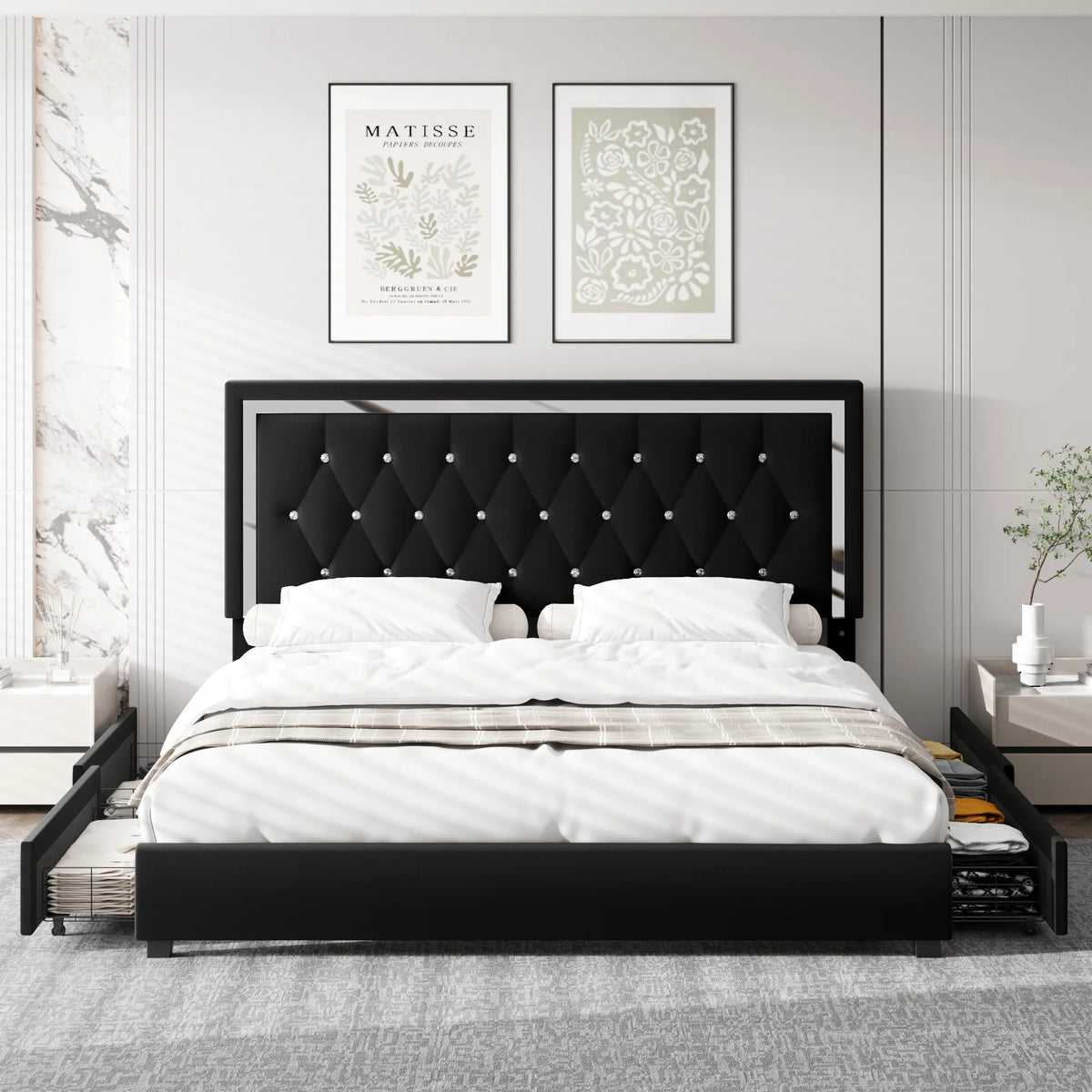King Size Storage Bed with 4 Drawers, Black Upholstered Platform Bed Frame with Adjustable Headboard P55346