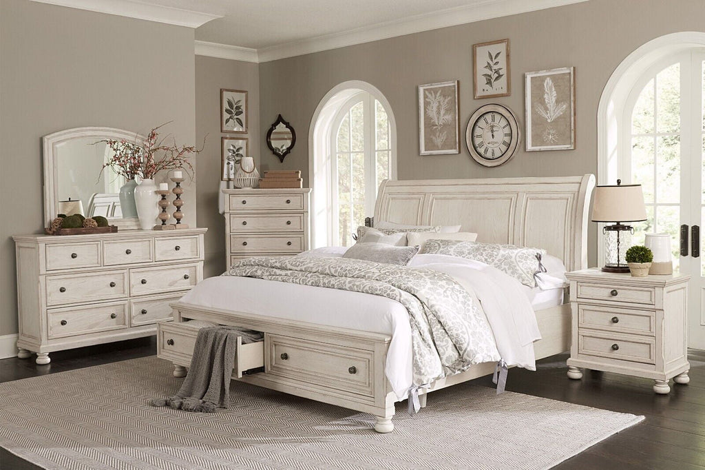 Queen Size 6pc Storage Bed Dresser Mirror White I415