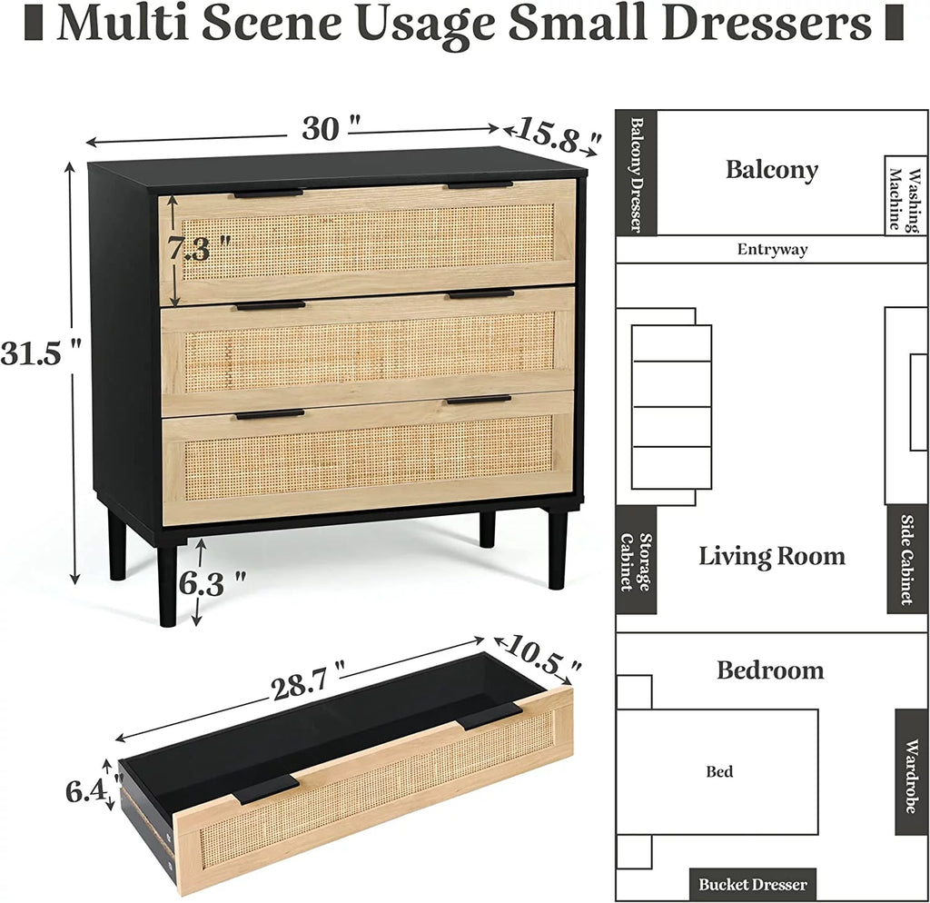 Black 3 Drawer Wood Rattan Dresser U493201