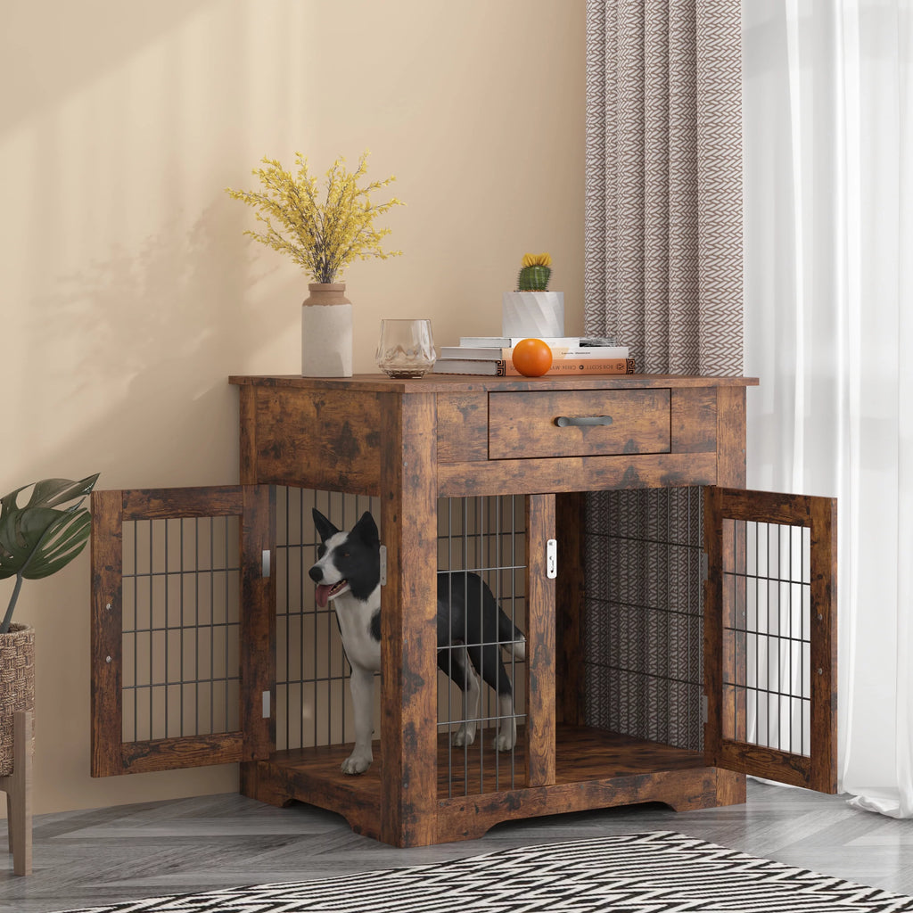 30" Wooden Dog Crate End Table with 2 Doors and Drawer J591503