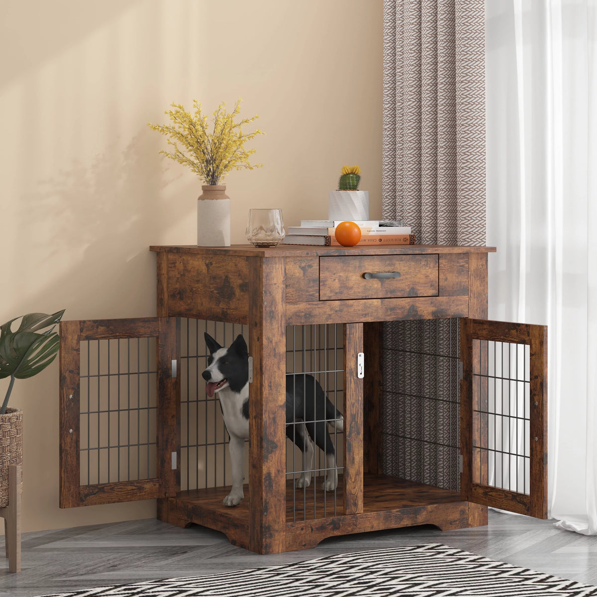 30" Wooden Dog Crate End Table with 2 Doors and Drawer J591503