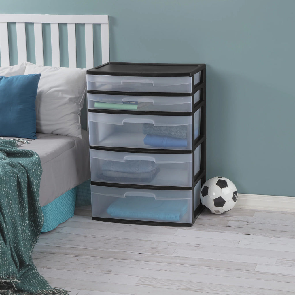 Plastic 5 Drawer Wide Tower Black E58331
