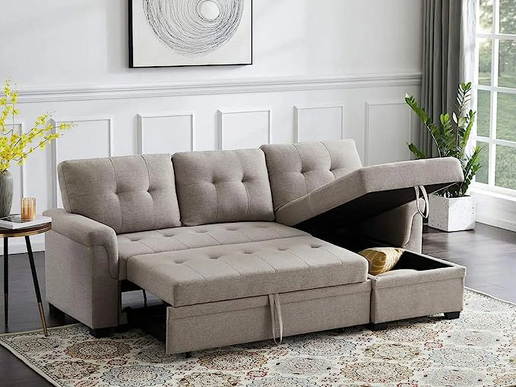 Linen Reversible Sleeper Sectional Sofa with Storage Chaise S300749